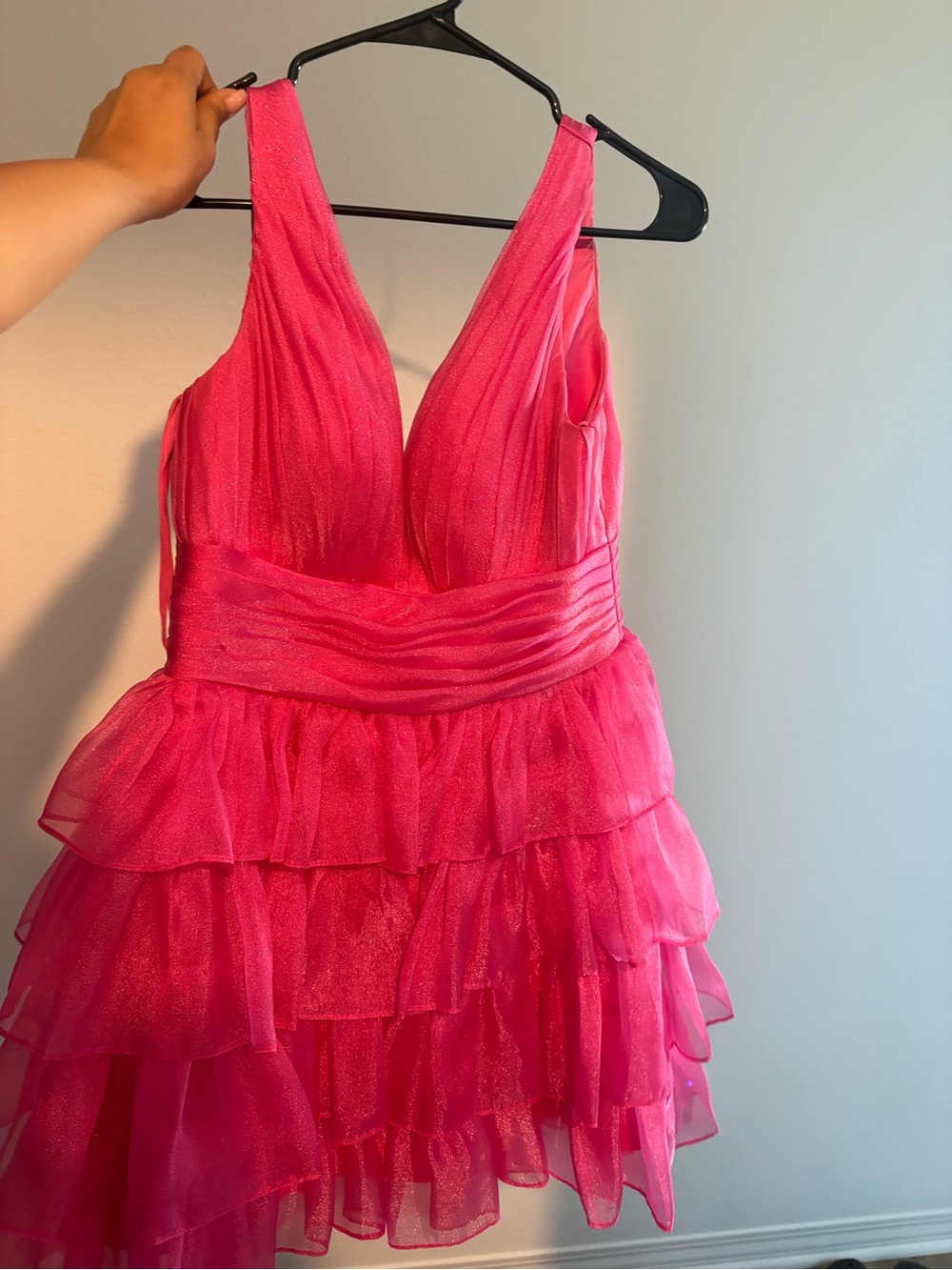 Women's Pink V-Neck Layered Ruffle Dress